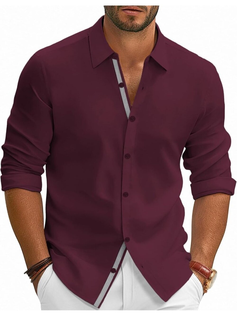 Men's Burgundy Dress Shirt Wrinkle Free Stretch Button Down Casual Slim Fit Long